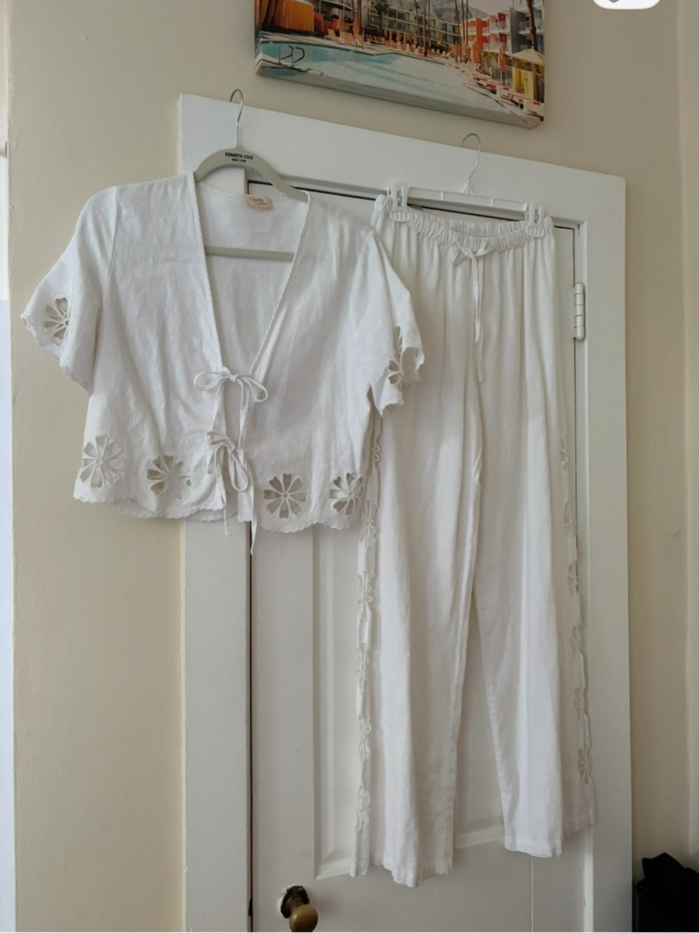 Women's White Embroidered Two-Piece Lounge Set